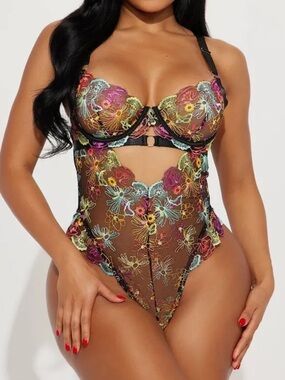Fashion Nova Black Sheer Floral Embroidered Bodysuit with Multicolor Flowers